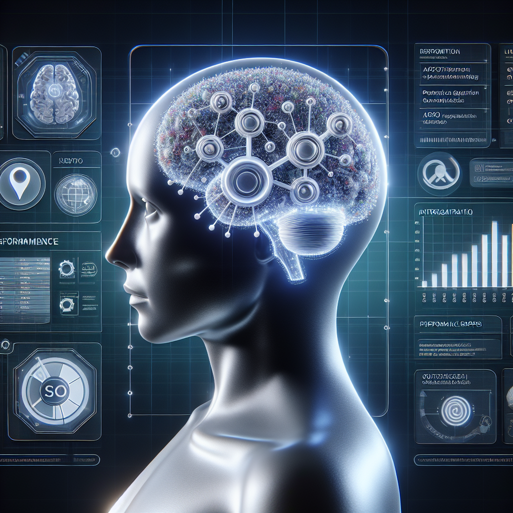 Futuristic representation of an AI brain processing SEO data and content strategies