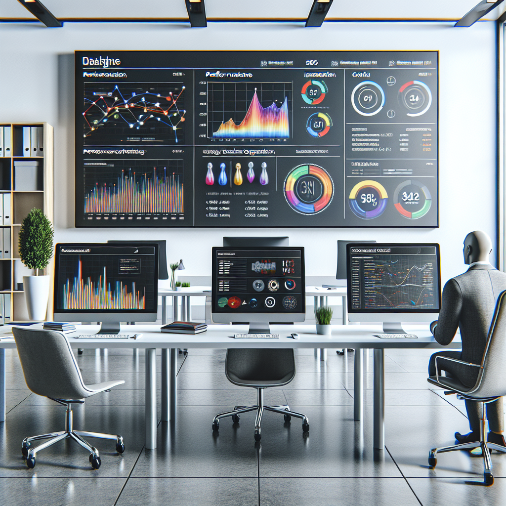 modern office with colorful data analytics dashboard monitor screen