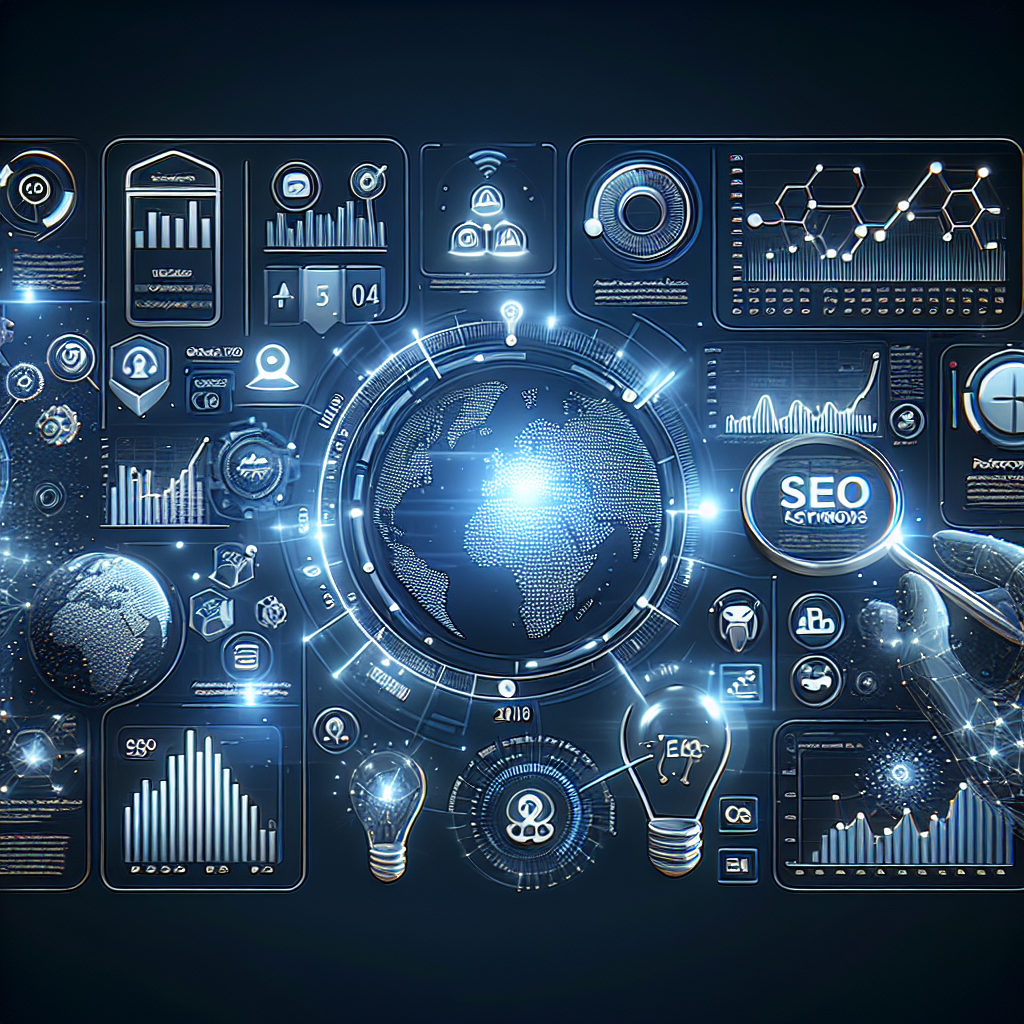 Stylized data visualizations, SEO keywords, and website analytics interface